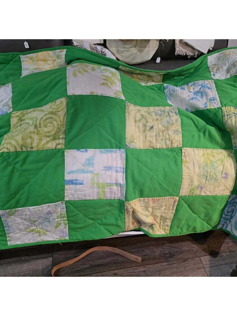 Vintage Handmade Patchwork Quilt in Green and Pastel Floral 1970s boho MCM
